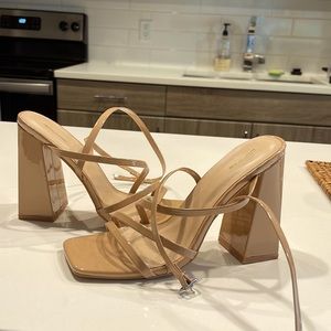 PLT Nude Patent PU Square Toe Strappy High Block Heeled Sandals